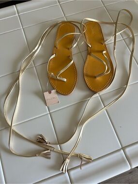 Pilcro Metallic Gold Wrap-Lace Flat Sandals